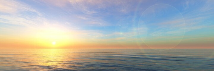 Naklejka na ściany i meble Ocean panorama sunset, seascape panoramic, 3D rendering