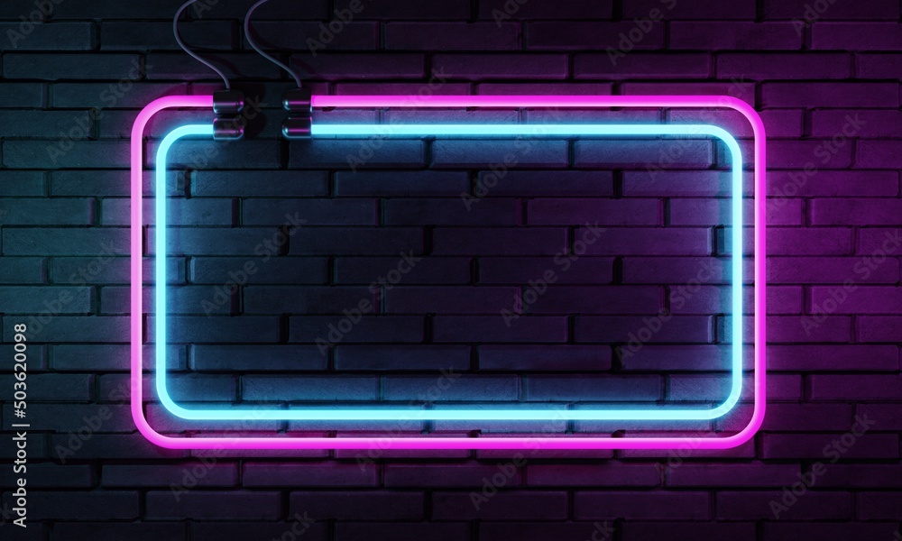 Poster neon sign banner with copy space on retro brick wall background. abstract art and object concept. 3d