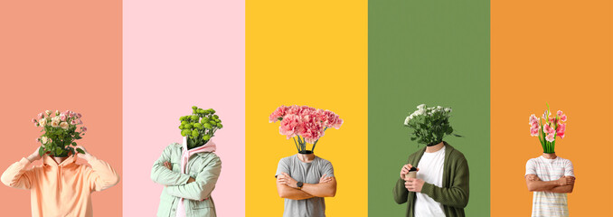 People with bouquets of flowers instead of their heads on colorful background - obrazy, fototapety, plakaty