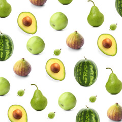 Set of fresh green fruits on white background