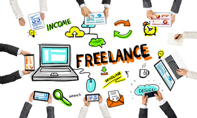 Top view of businesspeople sitting at table and using gadgets