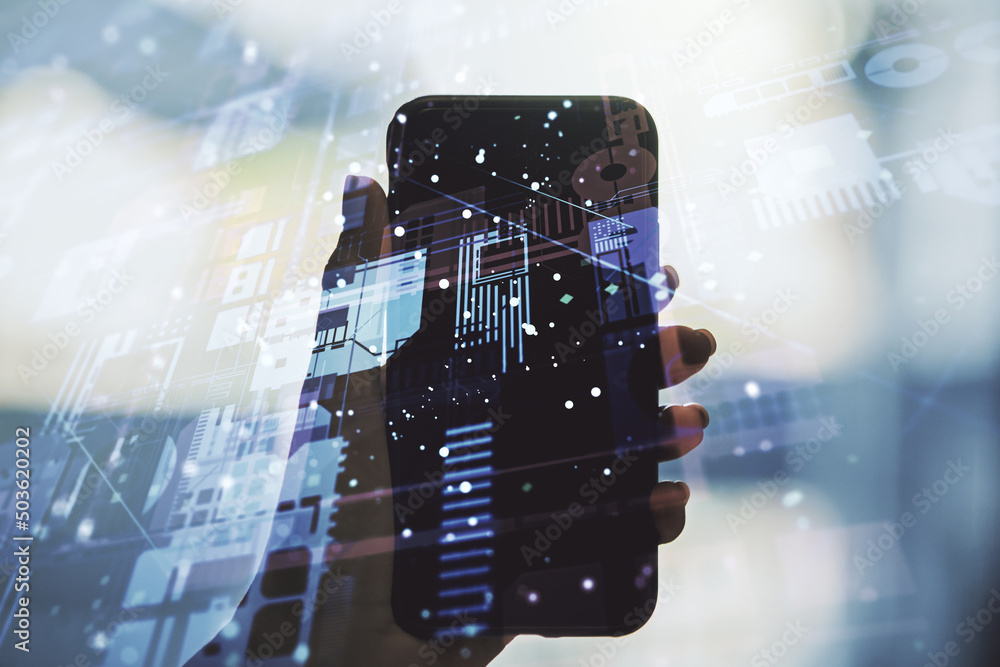 Poster abstract creative coding illustration and hand with mobile phone on background, software development