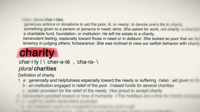 The Word Charity Red Highlighted in a Dictionary Animation