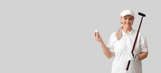 Sporty mature golf player on light background with space for text