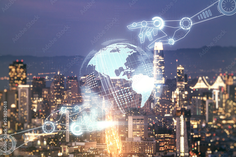 Aufkleber abstract virtual robotics technology hologram with globe sketch on san francisco skyline background.
