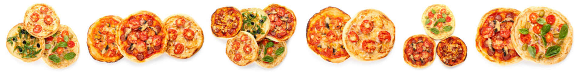 Set of tasty mini pizzas isolated on white, top view