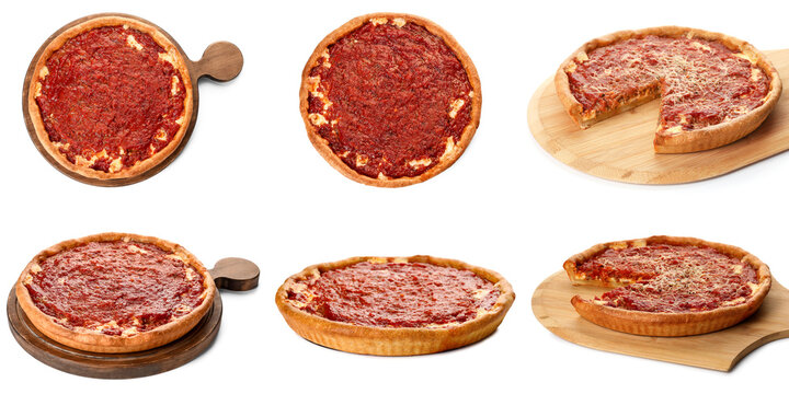 Set of tasty Chicago-style pizza isolated on white