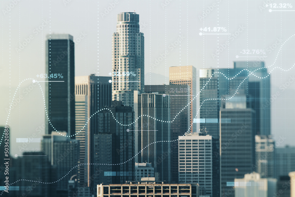 Poster multi exposure of abstract virtual graphic data spreadsheet sketch on los angeles cityscape backgrou