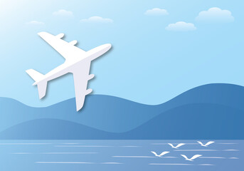 White paper airplane flying in the sky background with mountains, seagull and sea. Travel by air transport concept. shadow overlay. space for the text. illustration paper cut design style.
