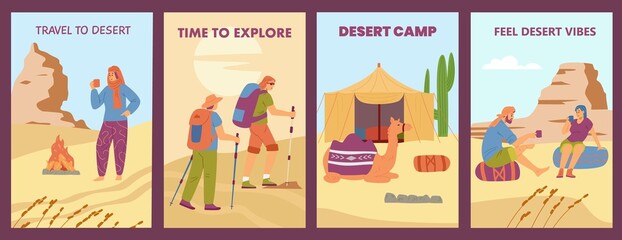 Travel to desert and camp for tourists banners set, flat vector illustration.