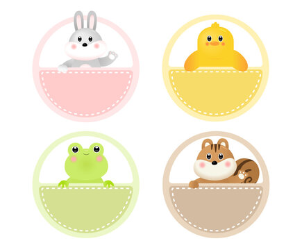 A collection of name tags and memos with cute animal drawings illustration set. daycare, kid, rabbit animal, memo, sticker. Vector drawing. Hand drawn style.