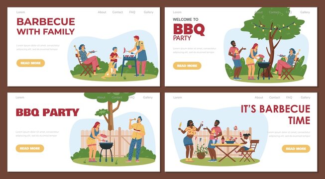 Barbecue party at the home backyard, flat vector illustration. Black family with mom, dad and kid eat food at the garden