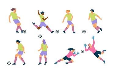 Fototapeta na wymiar Woman soccer player team, flat vector set. Girl play football cartoon illustration, diverse players.