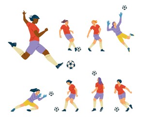 Fototapeta na wymiar Woman soccer player team, vector set. Black or Indian female soccer player kick the ball, goalkeeper save the shot.