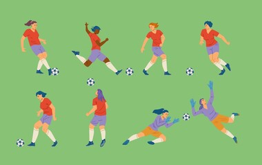 Female soccer player flat vector illustration. Girl playing football, running and kick the ball. Women soccer team set.