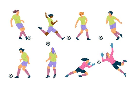 Woman soccer player team, flat vector set. Girl play football cartoon illustration, diverse players.