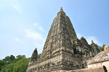 Low angle shot of the tall Mahabodhi Mahavihar Temple - Place of enlightenment  Buddha