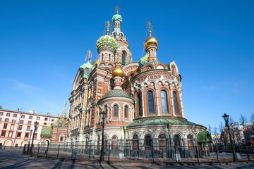 Fototapeta na wymiar The ancient Cathedral of the Resurrection of Christ (Savior on Spilled Blood) on a sunny April morning. Saint Petersburg, Russia