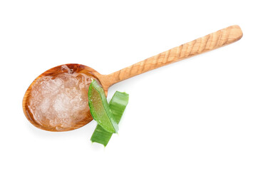 Wooden spoon with aloe vera gel on white background