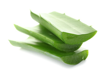 Stack of aloe plant leaves on white background