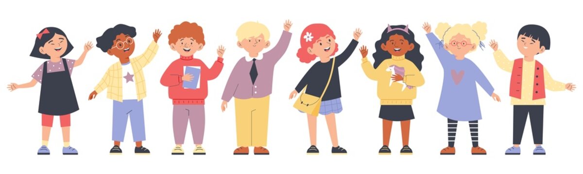 Smiling multicultural children waving hands, flat vector illustration isolated.