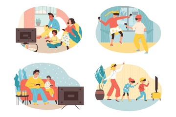 Family with kids playing VR and video games together, flat vector illustration isolated on white background.