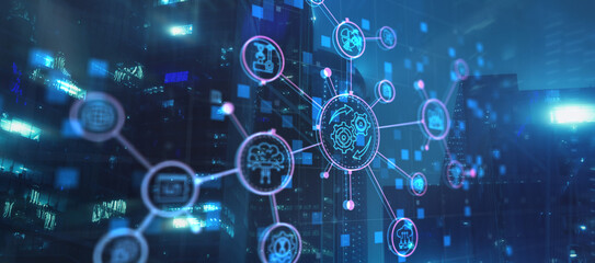 RPA. Robotic Process Automation on modern city abstract background