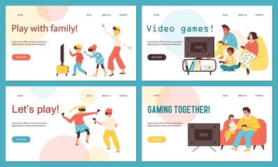 Happy family with kids playing video games together - landing page template, flat vector illustration. © Kudryavtsev