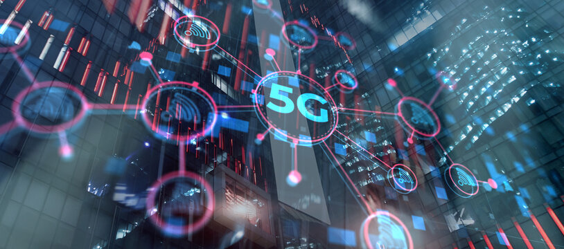 5G network digital hologram. High-speed mobile and internet on city background