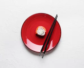 Fotobehang Japanese flag concept. Plate with sushi on white background © Pixel-Shot