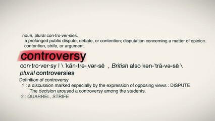 The Word Controversy Red Highlighted in a Dictionary Animation
