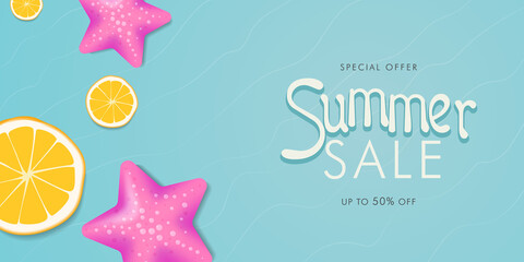 Fototapeta na wymiar Summer sale colorful banner background with beach vibes decorate. Vector Illustration.