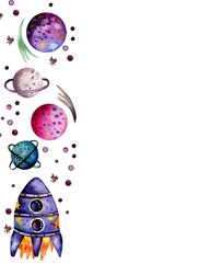 Space theme. Hand drawn planets, space rocket and stars. Vertical postcard for the inscription.
