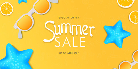 Summer sale colorful banner background with beach vibes decorate. Vector Illustration.