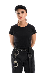African-American female security guard on white background