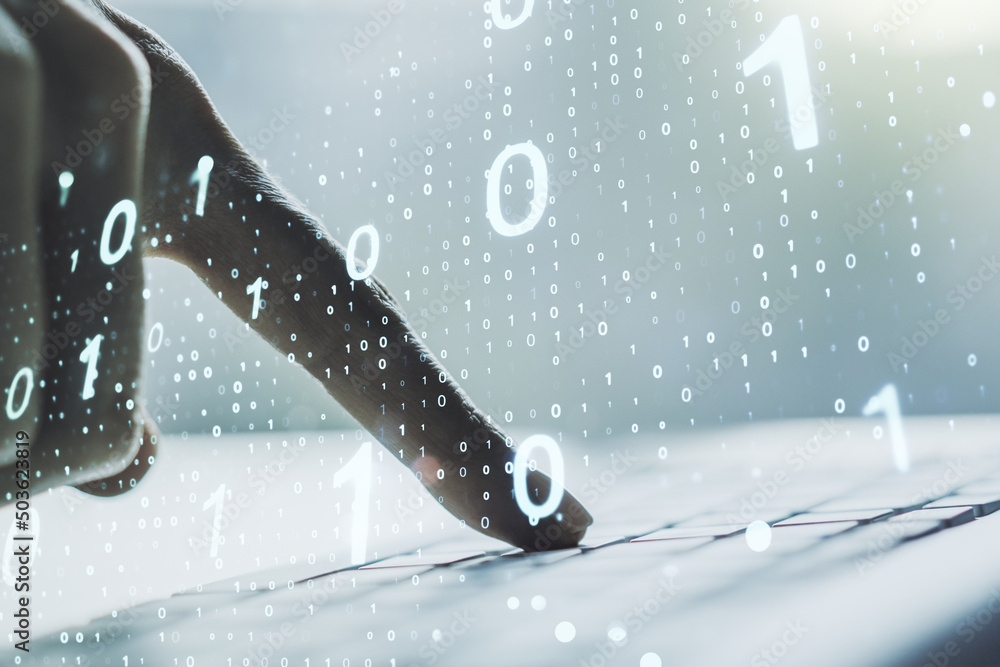 Leinwandbilder double exposure of creative abstract binary code hologram and hands typing on laptop on background. 