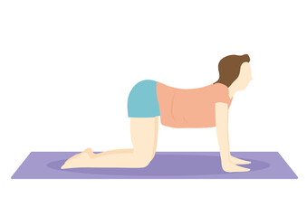 床に四つん這いになって背中を反らせるストレッチをするダイエット中の女性　マット有り・表情無し