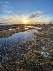 Sunset over the puddle. Evening sun golden light. Spring time, melting snow, clouds, blue sky. Natural scenic landscape. Golden rays of the sun in the puddles.