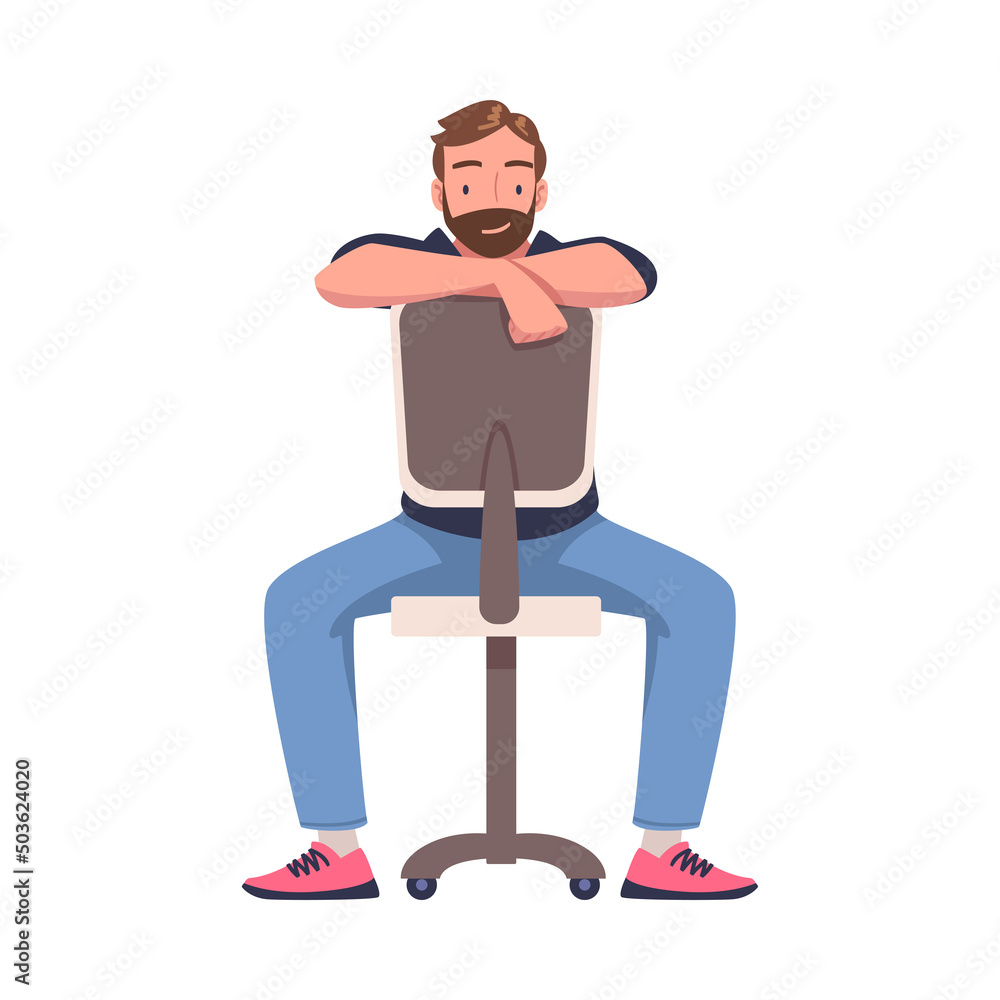 Sticker young smiling bearded man sitting on office chair vector illustration