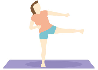 有酸素運動で横にキックをするダイエット中の女性　マット有り・表情無し