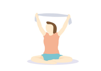 床に座ってタオルを使ってストレッチをするダイエット中の女性　マット無し・表情無し