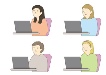 ノートパソコンと壮年女性・各国の女性　線画