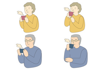 マグカップで湯気が上がる飲み物を飲む中高年男女セット　線画