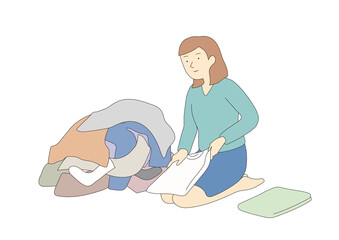 洗濯物を畳む女性　線画