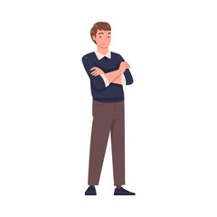 Young Smiling Man with Folded Arms in Standing Pose Vector Illustration