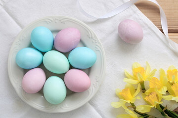 easter background, top view. colorful eggs.