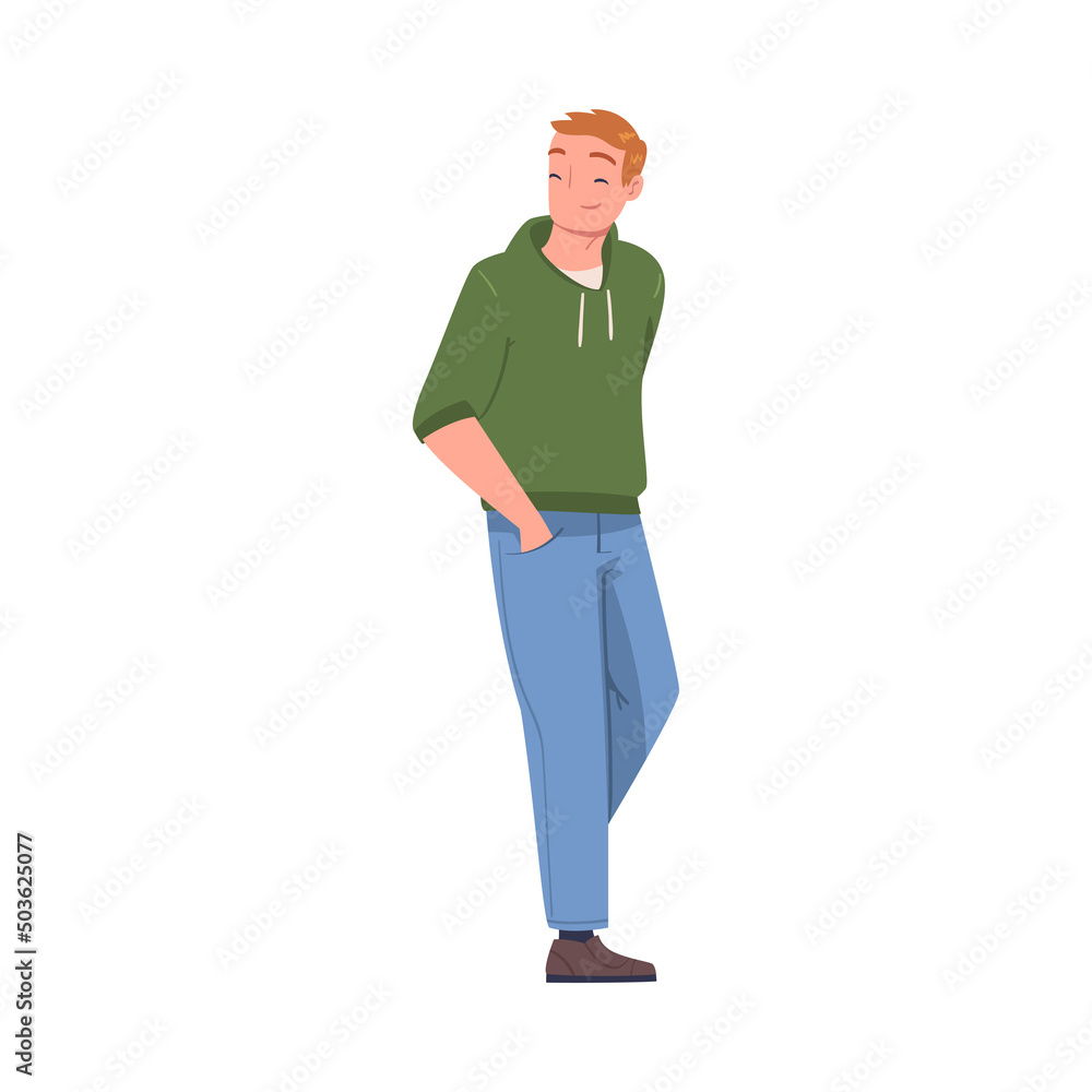 Sticker Young Smiling Man with Hands in Pocket in Standing Pose Vector Illustration