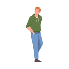 Young Smiling Man with Hands in Pocket in Standing Pose Vector Illustration