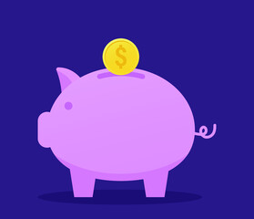 Bussiness and finance illustration piggy bank with money coins isolated on purple background