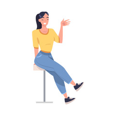 Young Smiling Woman Sitting on Stool and Waving Hand Vector Illustration